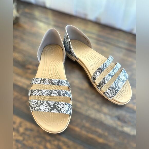 CROCS Tulum Open Toe Flat Gray Snake 3-Strap Flat Sandals Size 6 - Picture 2 of 12